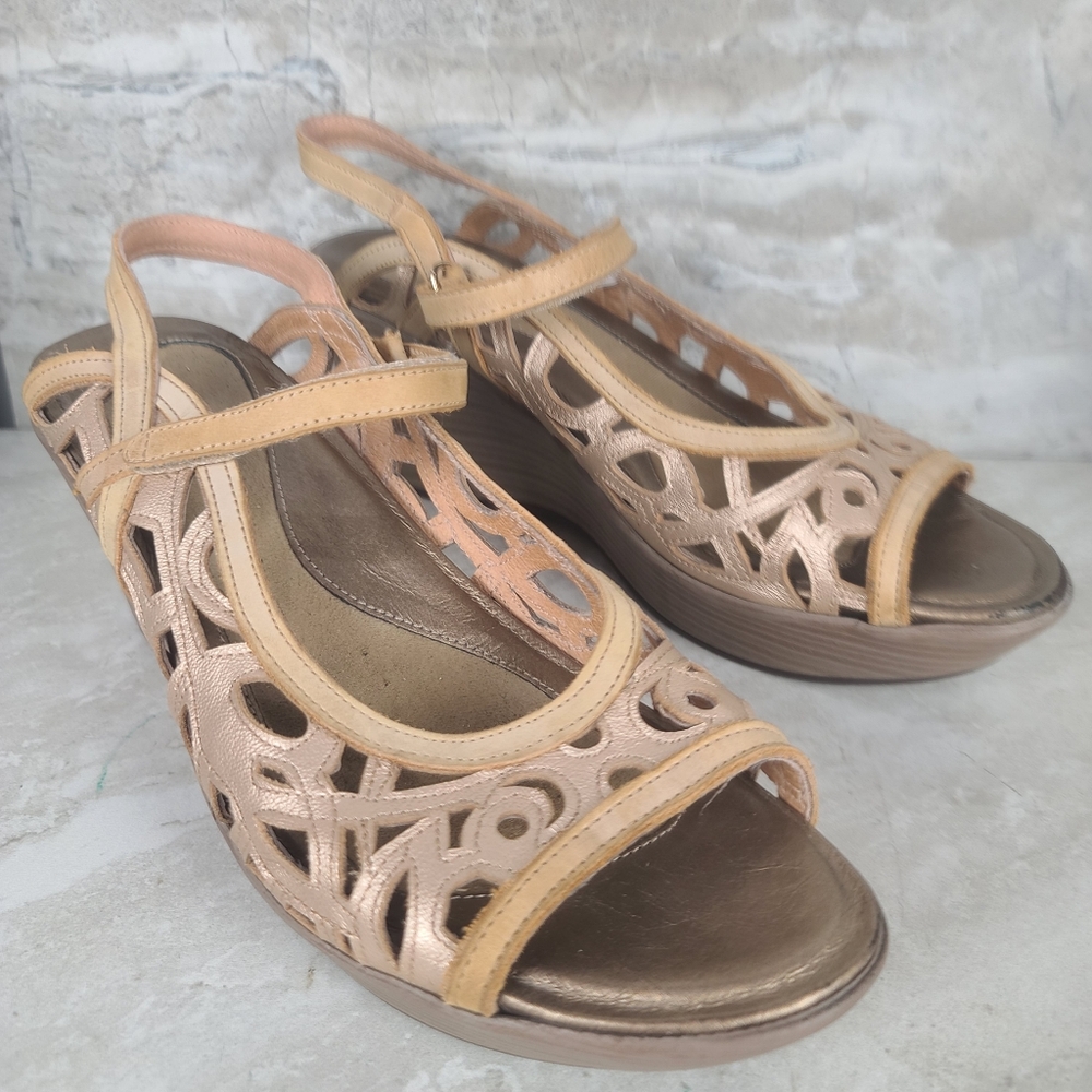 Naot Deluxe Tan & Soft Gold Leather Cutout Perforated Wedge Sandals 41